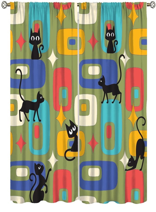 SENRUEGT Mid Century Cat Curtains for Kids Bedroom,Modern Abstract Geometric Pattern 1950s Vintage Funny Black Cartoon Animal Drapes 42x45 Inch - Image 1